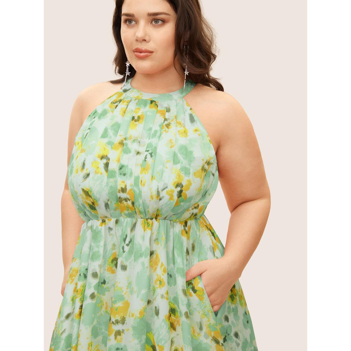 Plus Size Halter Neck Floral Pleated Pocket Dress Palemauve Women Formal Shirt collar Sleeveless Curvy BloomChic 10/M Product Image