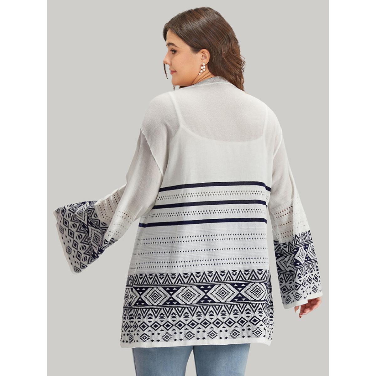 Plus Size Bandana Print Geo Eyelet Ties Front Cardigan WhiteSmoke Women Casual Loose Long Sleeve Everyday Cardigans BloomChic 18-20/2X Product Image