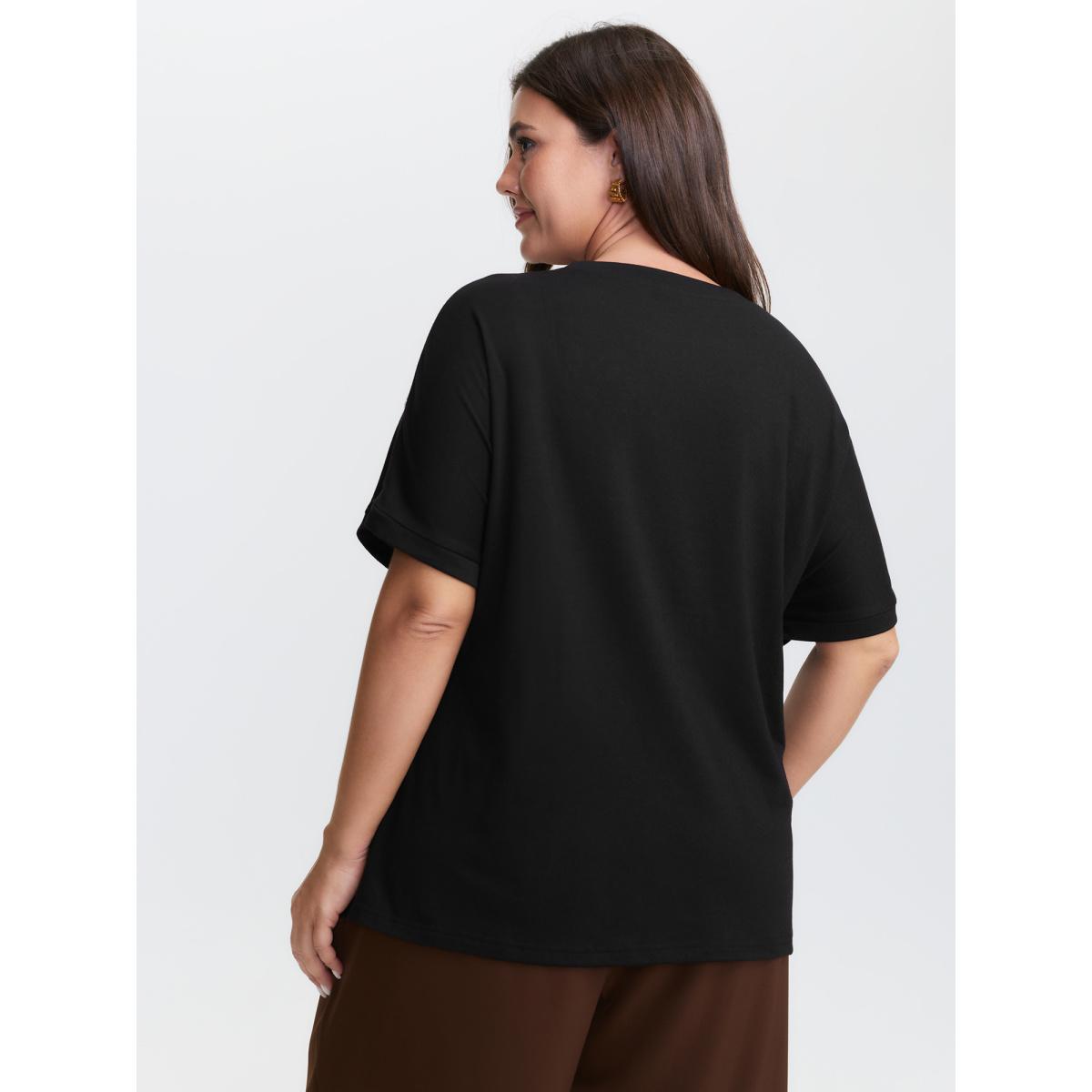 Plus Size Supersoft Floral Embroidered Round Neck T-Shirt Black Women Timeless Round Neck Elegant T-shirts BloomChic 28/5X Product Image