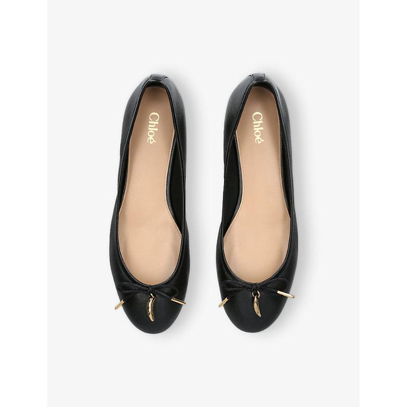 CHLOÉ Bow Detail Round Toe Flat Sole Ballerina Shoes In Black Product Image