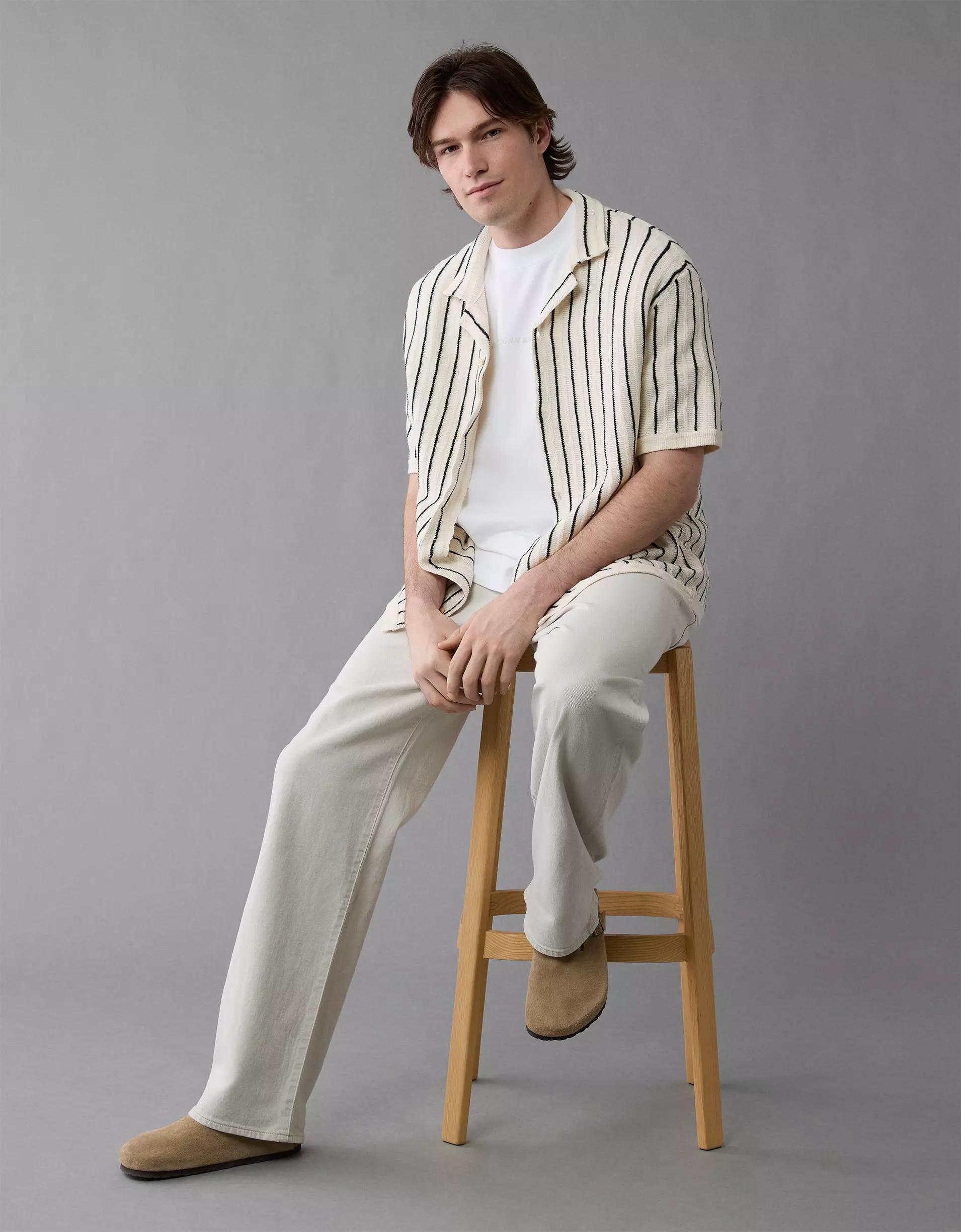 AE Weekend Pinstripe Button-Up Sweater Polo Shirt Product Image