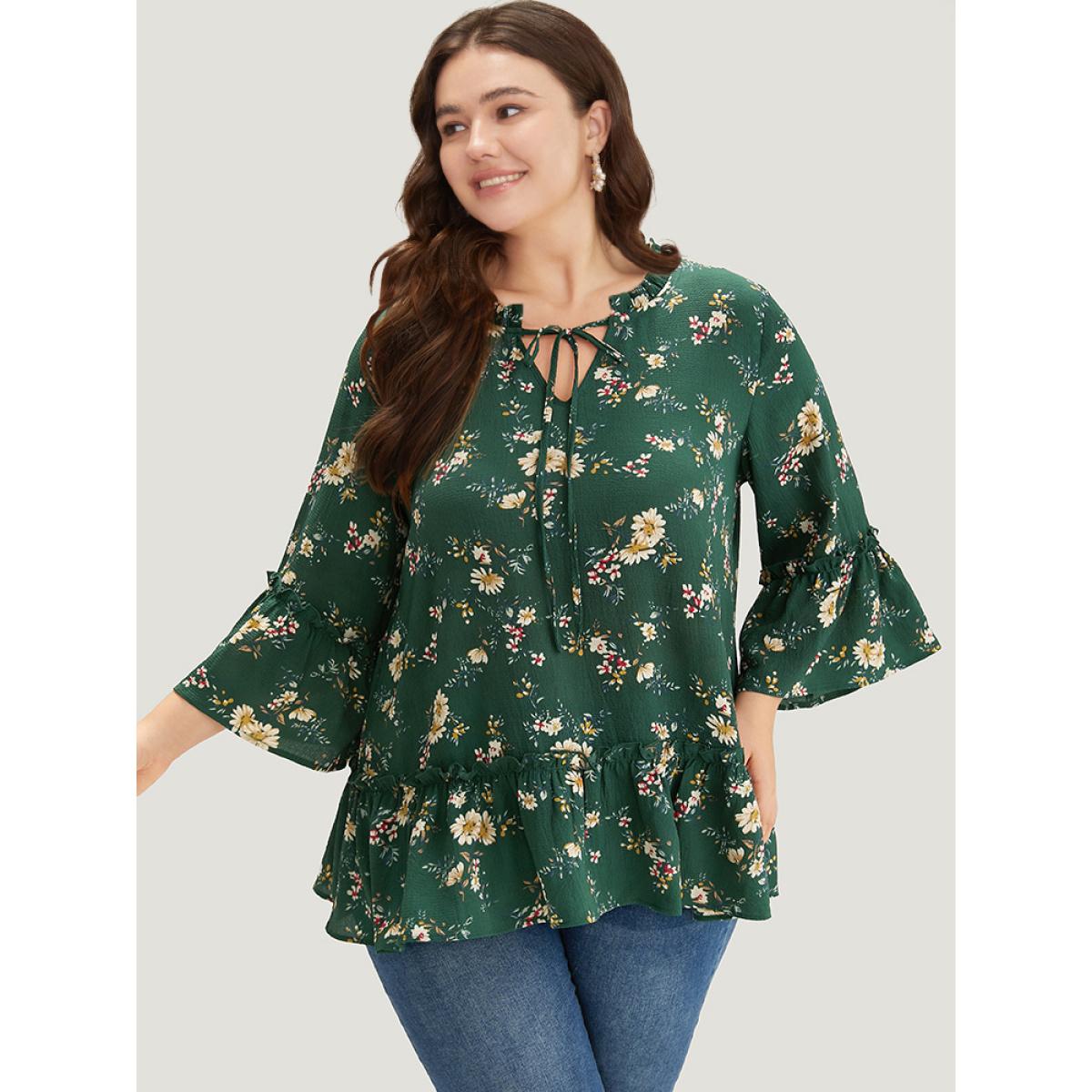 Plus Size DarkGreen Floral Print Knot Neck Ruffle Trim Blouse Women Elegant Elbow-length sleeve Tie Neck Dailywear Blouses BloomChic 12/L Product Image