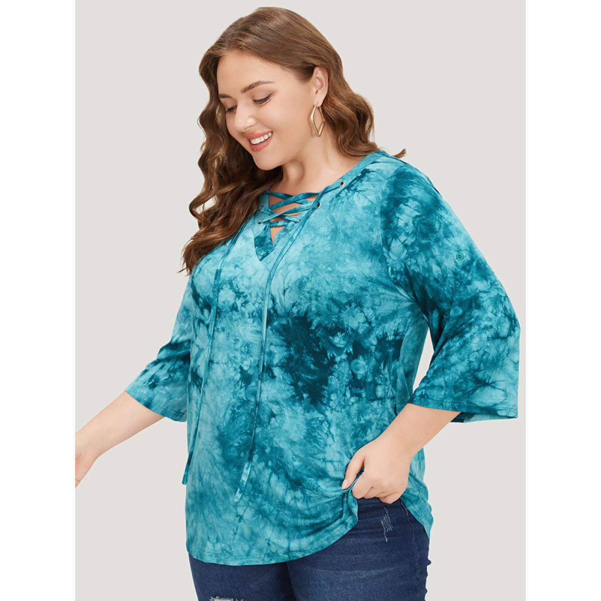 Plus Size Tie Dye Roll Sleeve Lace Up T-shirt Cerulean Women Casual Tie Dye V-neck Dailywear T-shirts BloomChic 18-20/2X Product Image