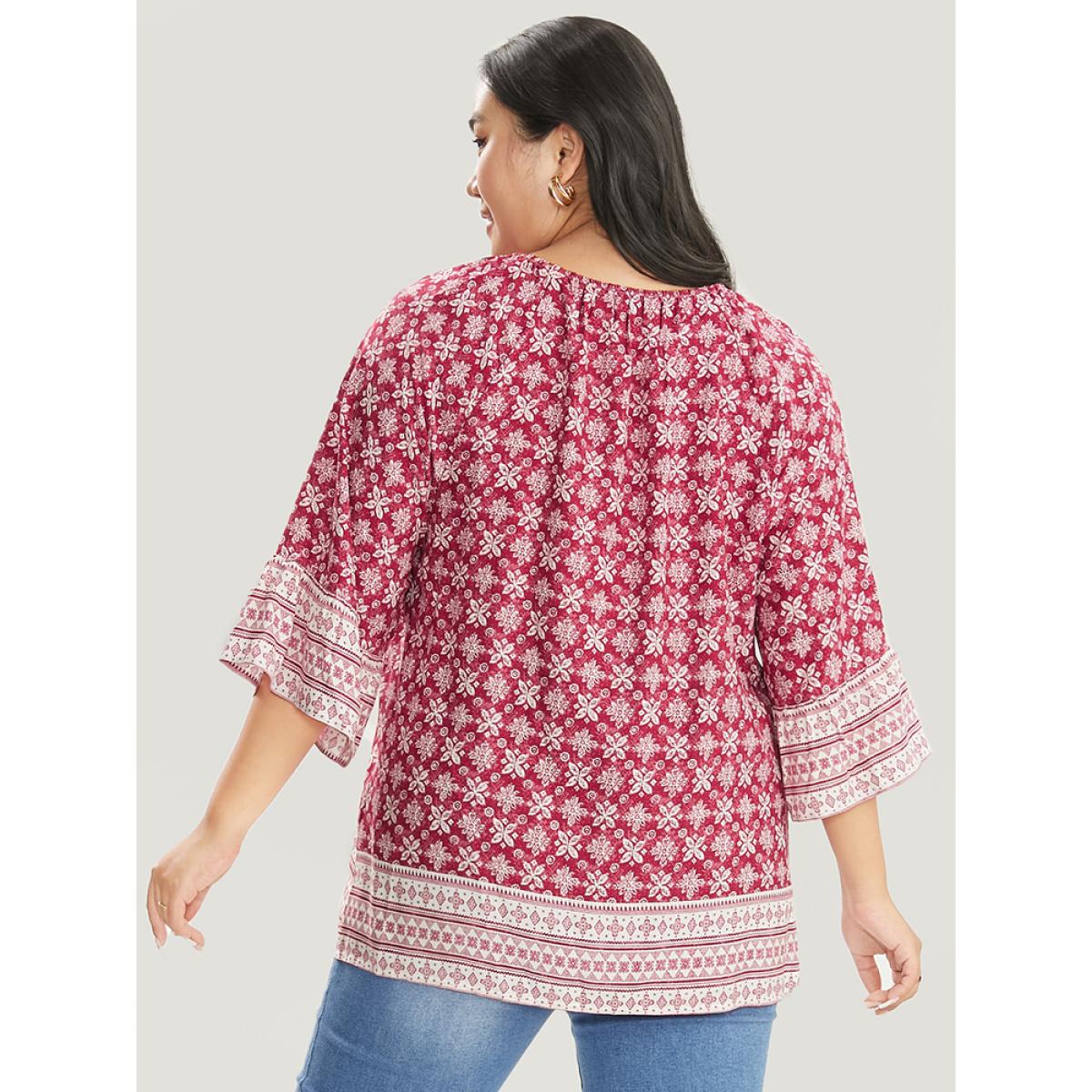 Plus Size Crimson Floral Print Bell Sleeve Knotted Round Neck Blouse Women Vacation Elbow-length sleeve Round Neck Dailywear Blouses BloomChic 22-24/3X Product Image