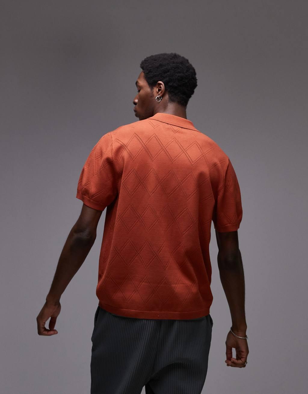 Topman knit pattern crochet shirt in rust Product Image