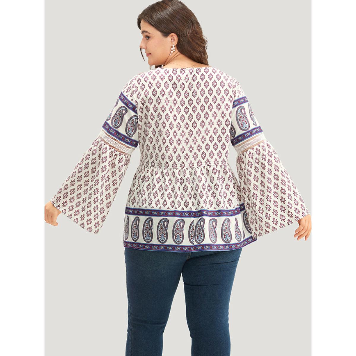 Plus Size Beige Boho Print Patchwork Lace Crew Neck Flutter Sleeve Blouse Women Vacation Long Sleeve Round Neck Vacation Blouses BloomChic 12/L Product Image