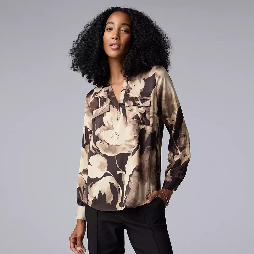 Women's Simply Vera Vera Wang Roll-Tab Popover Blouse, Size: XS, Black Water Floral Product Image