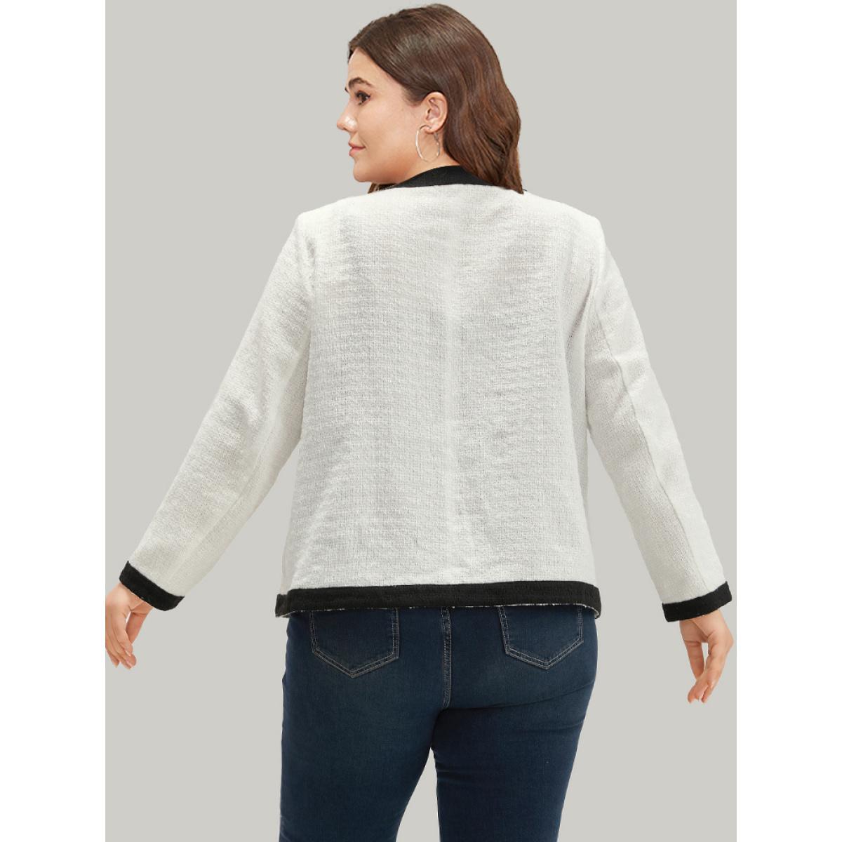 Plus Size Two Tone Tweed Buckle Detail Pocket Blazer White Women Office Plain Texture Sleeve Long Sleeve Round Neck 14-16/1X Pocket Work From Home Blazers BloomChic Product Image