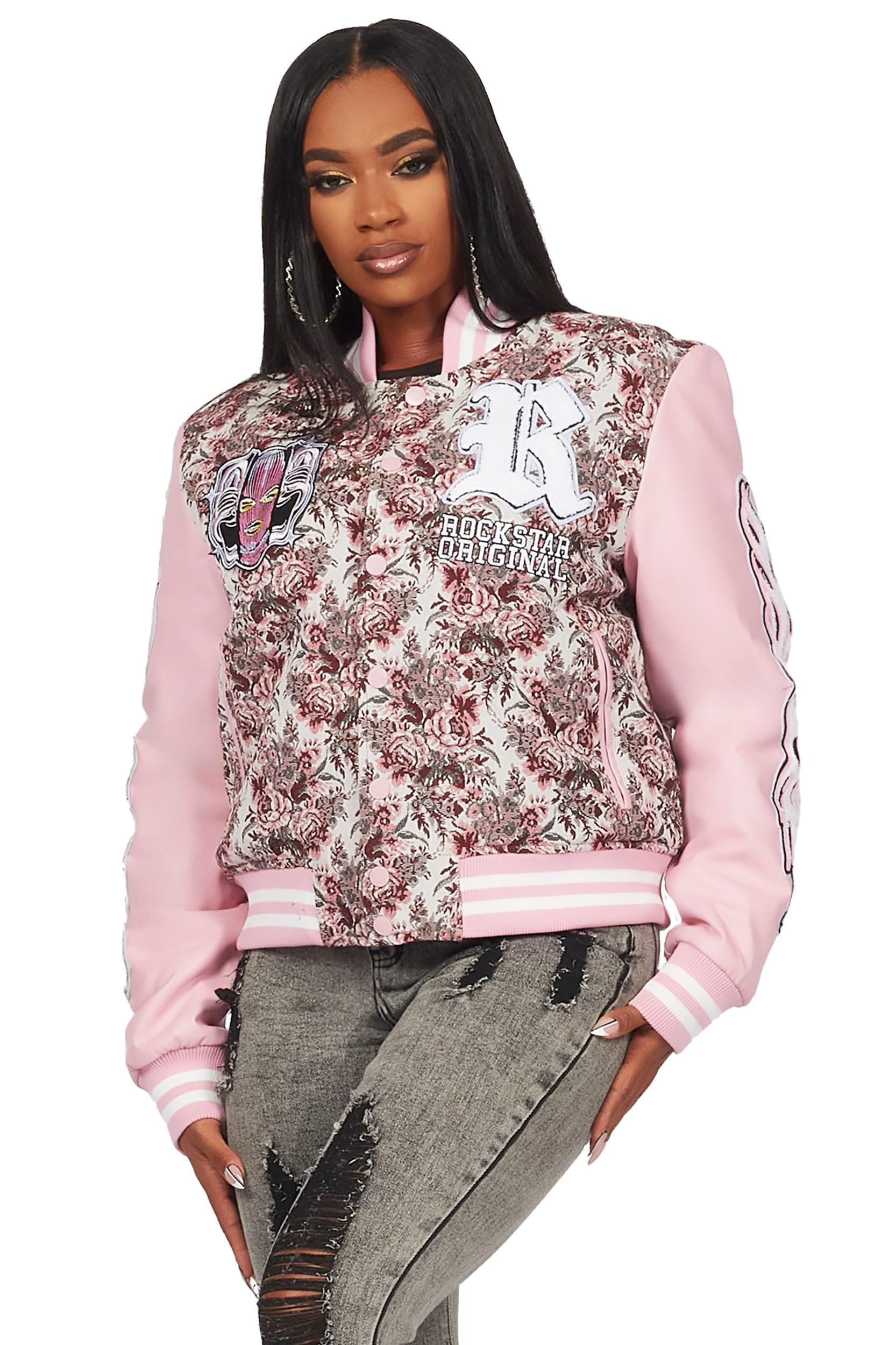 Lakiela Pink Oversized Tapestry Varsity Jacket Female Product Image