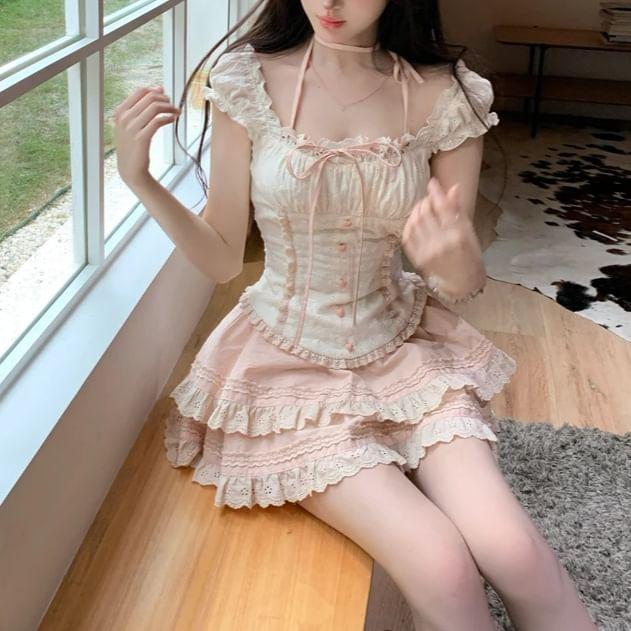 Set: Scoop Neck Ruffled-Trim Bow Accent Slim-Fit Tank Top + Low Waist Layered Mini Skirt Product Image