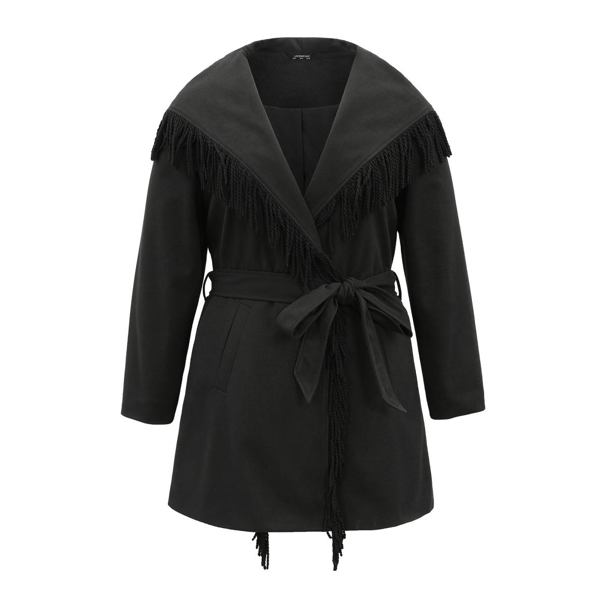 Plus Size Tassels Trim Plain Lapel Collar Belted Coat Women Black Elegant Lined Ladies Dailywear Winter Coats BloomChic 10/M Product Image