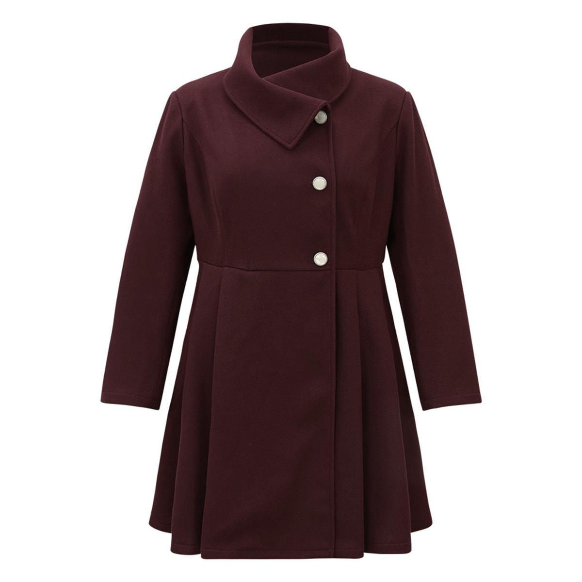 Plus Size Plain Button Up Pocket Asymmetrical Lapel Collar Coat Women Burgundy Elegant Plain Ladies Everyday Winter Coats BloomChic 22-24/3X Product Image