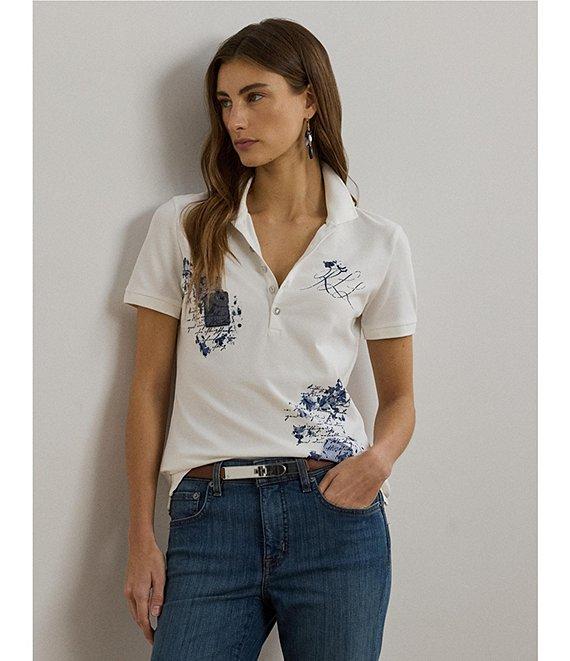 Lauren Ralph Lauren Stretch Pique Floral Patchwork Point Collar Short Sleeve Polo Shirt Product Image