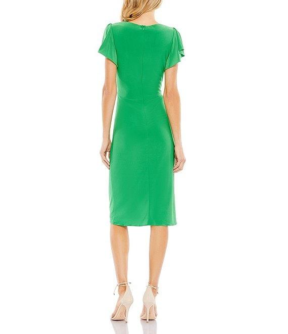 Mac Duggal V-Neck Short Flounce Sleeve Sheath Midi Dress Product Image