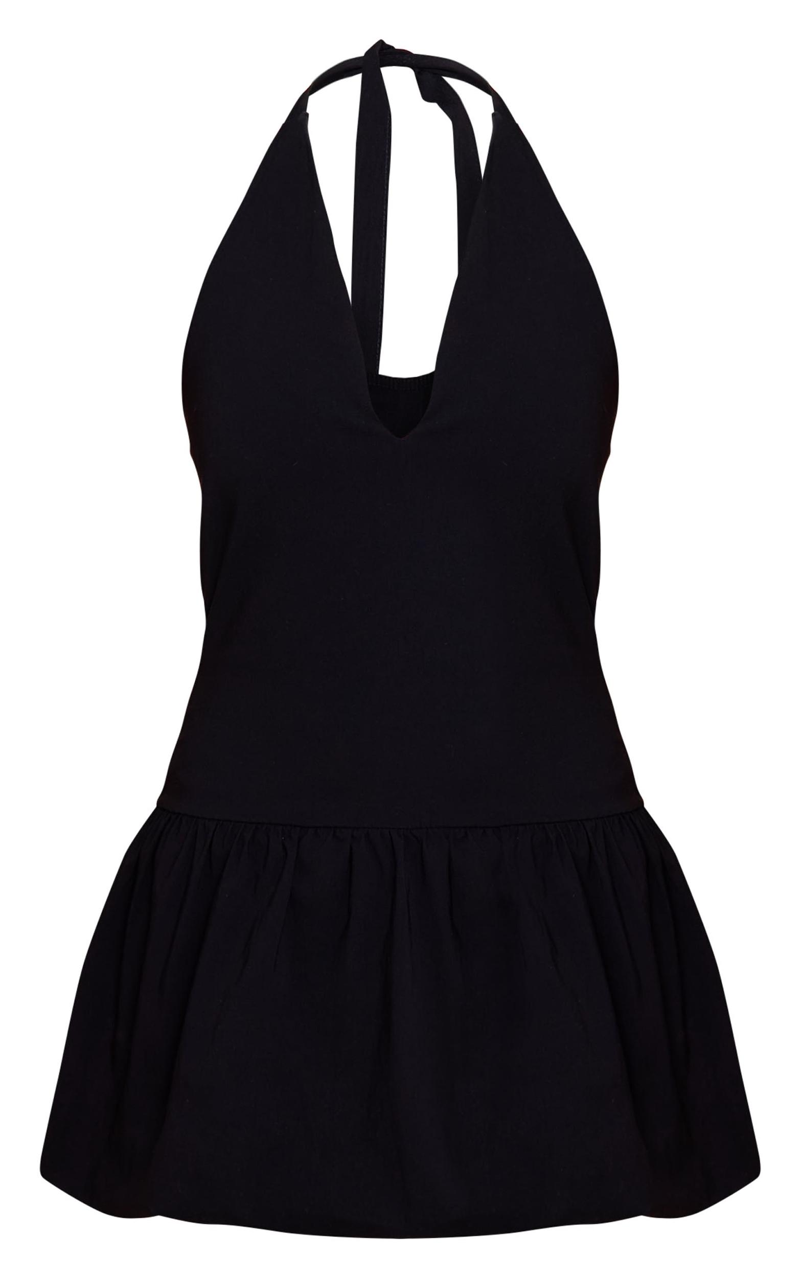 Black Stretch Woven Plunge Puffball Dress Product Image