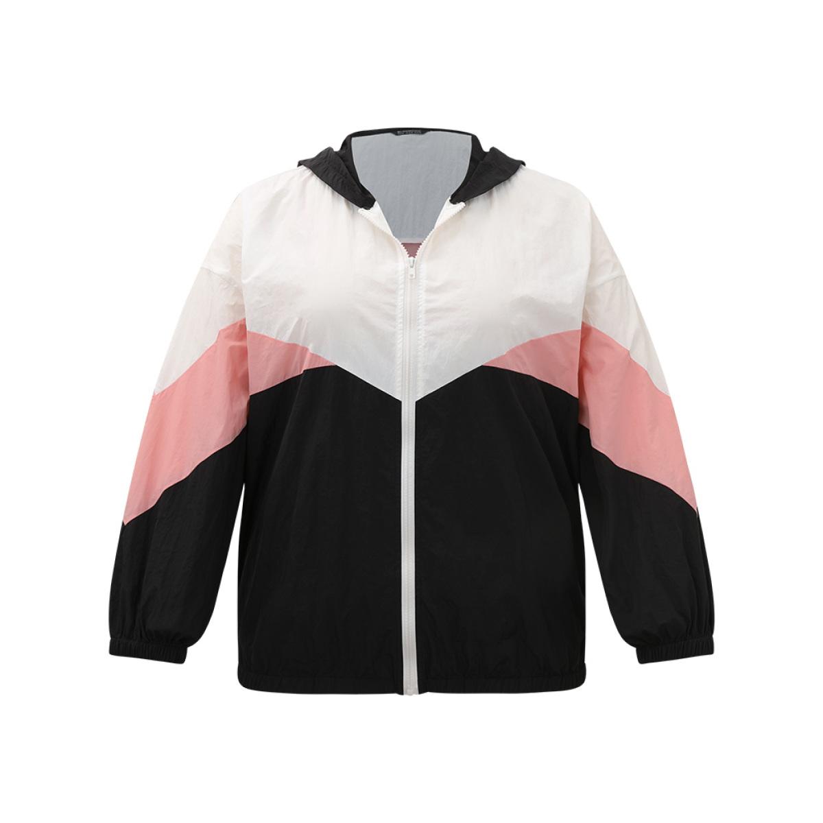 Plus Size Colorblock Contrast Zipper Pocket Hooded Jacket Women Black Elastic cuffs Pocket Dailywear Jackets BloomChic 22-24/3X Product Image