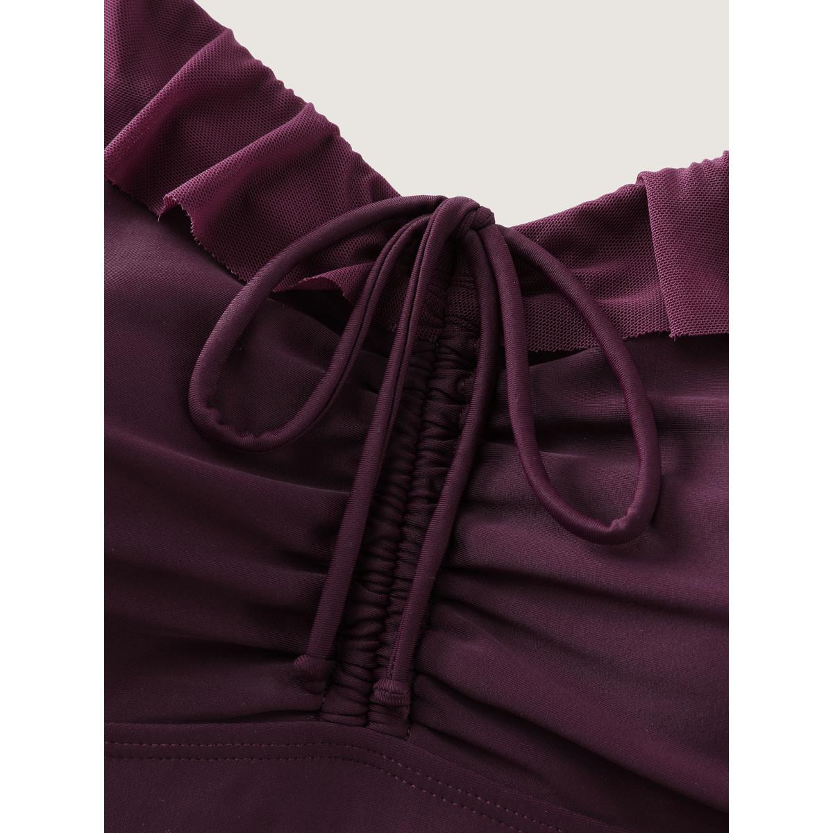 Plus Size Sheer Ruffled Channel Drawstring Swim Dress Women's Swimwear Plum Resort Bodycon Heart neckline High stretch Curve Swim Dresses BloomChic 12/L Product Image