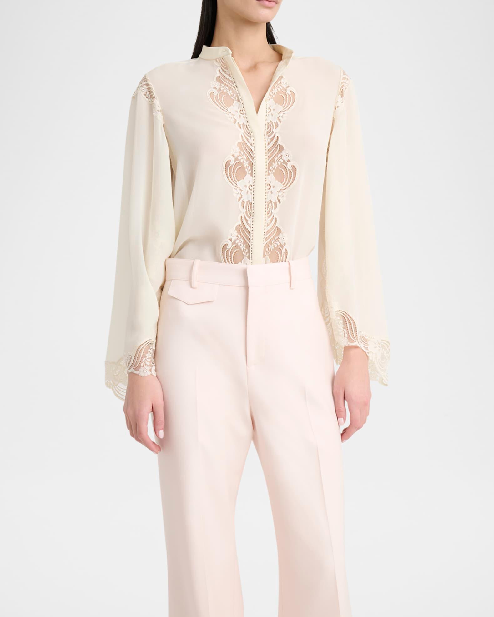 Lace Placket Tulip-Sleeve Silk Blouse Product Image