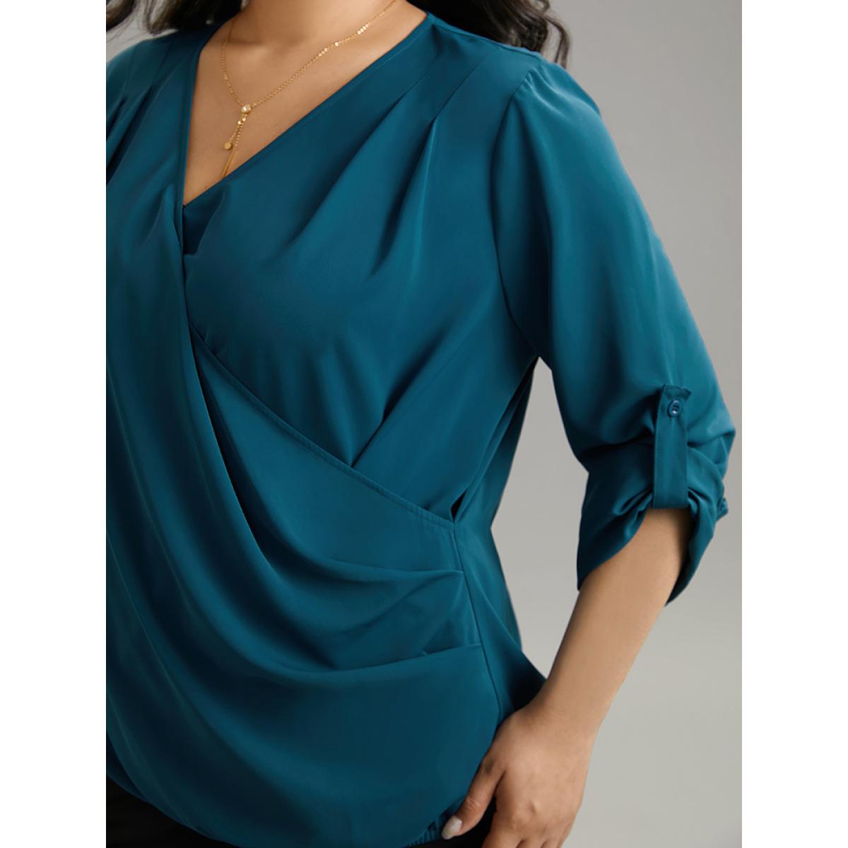 Plus Size Indigo Solid Crossover Roll Tab Sleeve Blouse Women Office Long Sleeve Overlap Collar Office Blouses BloomChic 28/5X Product Image