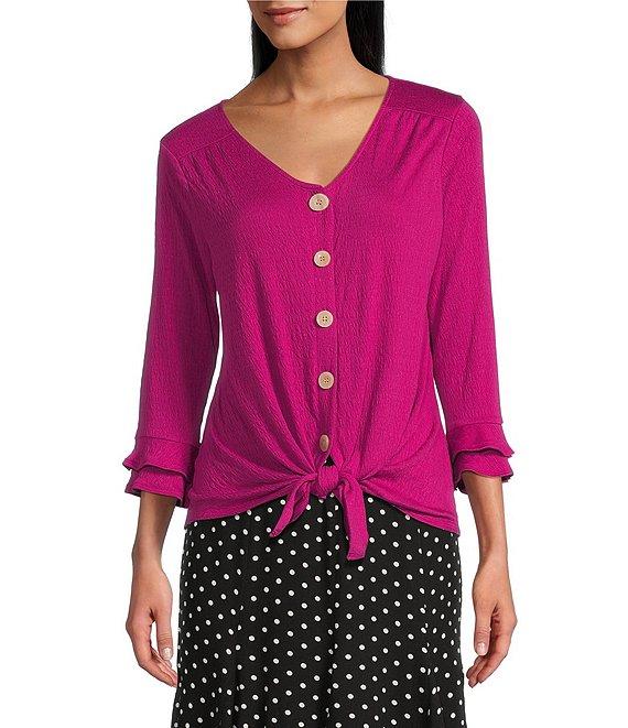 I.N. Studio Knit V-Neck Elbow Flounce Sleeve Tie-Front Top Product Image