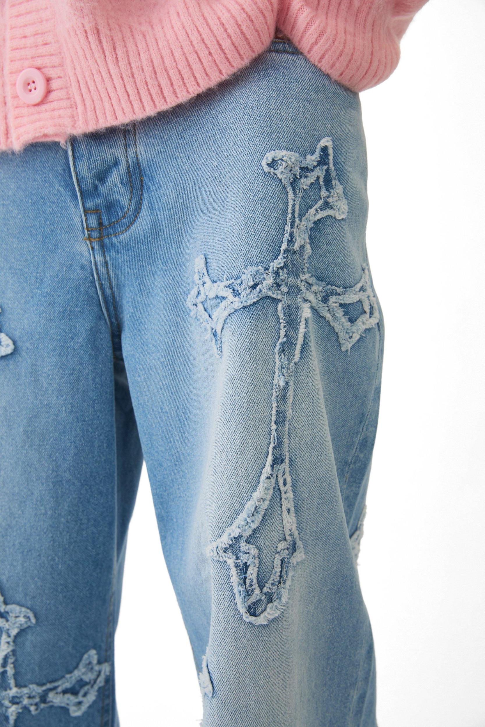 Baggy Rigid Washed Blue Cross Applique Jeans | boohooMAN USA Product Image