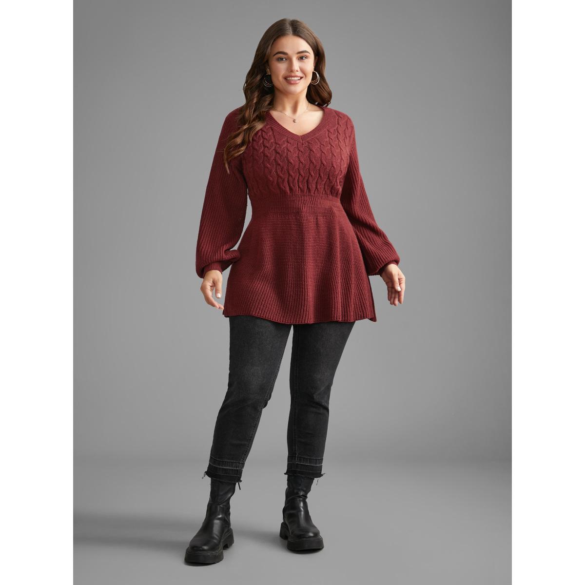 Plus Size V Neck Texture Cable Knit Pullover Burgundy Women Timeless Bodycon Long Sleeve V-neck Elegant Pullovers BloomChic 18-20/2X Product Image