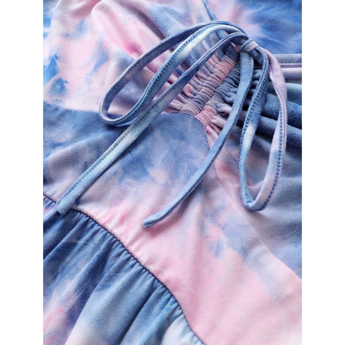 Plus Size Tie Dye Raglan Sleeve Drawstring Gathered Dress Multicolor Women Casual Gathered Heart neckline Short sleeve Curvy BloomChic 14-16/1X Product Image