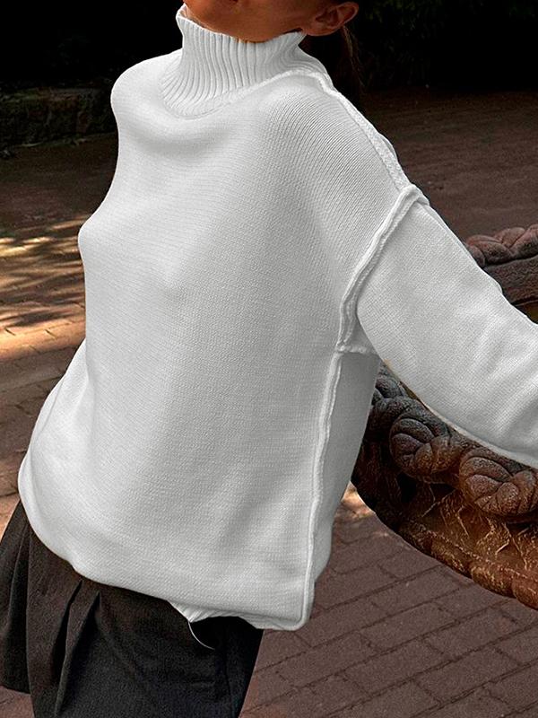 Long Sleeves Loose Solid Color Split-Joint High Neck Pullovers Sweater Tops Product Image