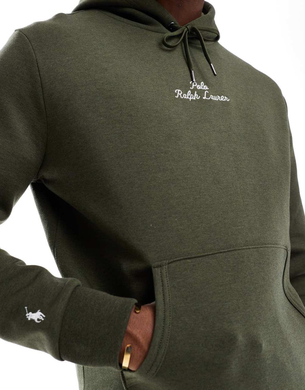 Polo Ralph Lauren central script logo double knit hoodie in heathered dark green Product Image