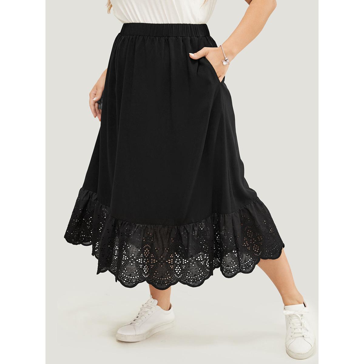 Plus Size Solid Pocket Patchwork Broderie Anglaise Skirt Women Black Vacation Broderie anglaise No stretch Pocket Dailywear Skirts BloomChic 18-20/2X Product Image