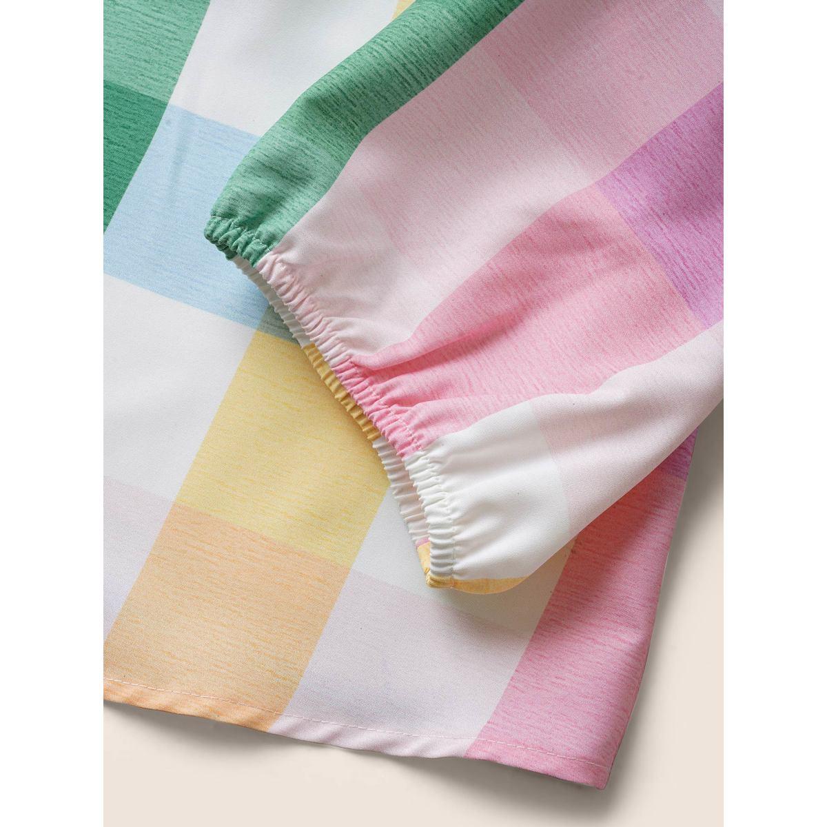 Plus Size Multicolor Contrast Plaid Tie Knot Lantern Sleeve Blouse Women Casual Elbow-length sleeve V-neck Everyday Blouses BloomChic 14-16/1X Product Image