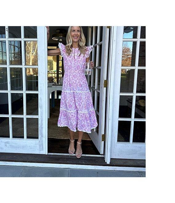 SAIL to SABLE Woven Baroque Floral Split Neck Flutter Sleeve Ric Rac Tiered Midi Dress Product Image