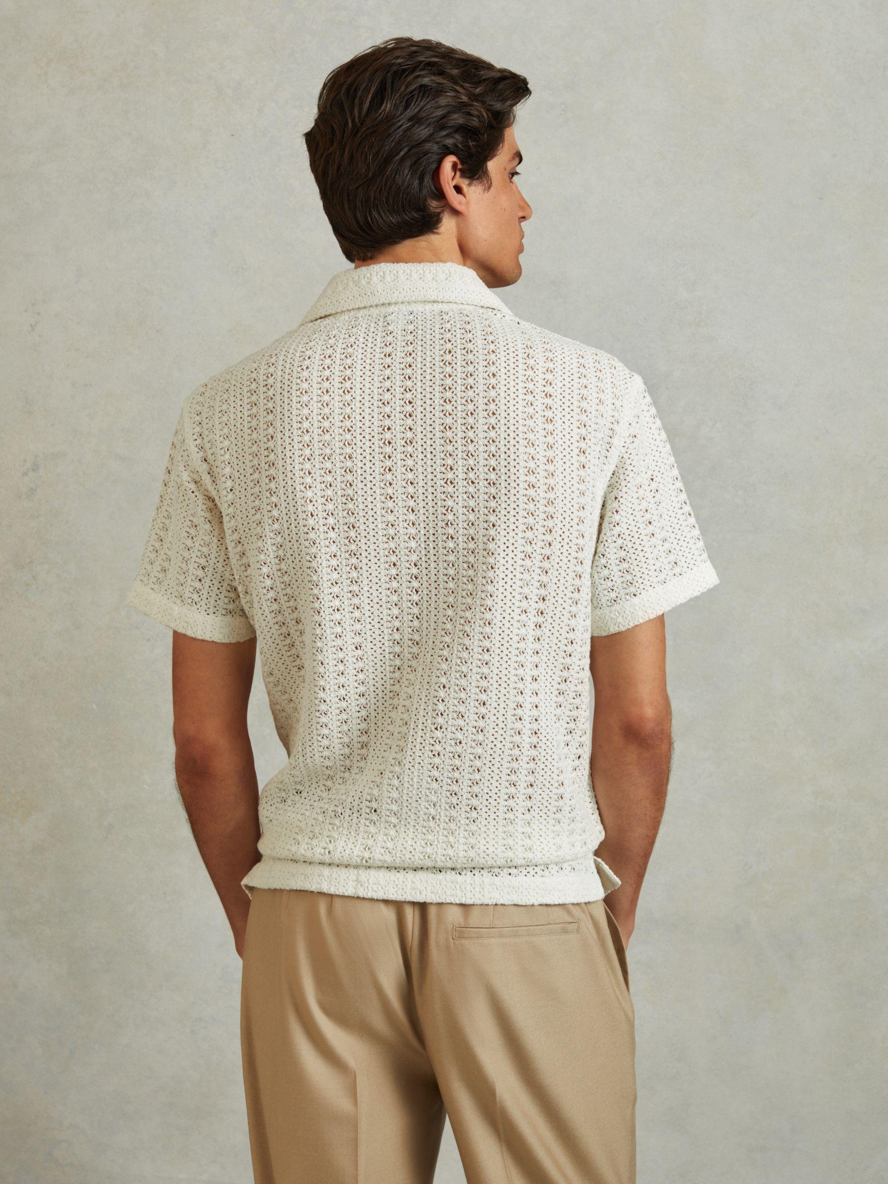 Cotton Crochet Cuban Collar Shirt in Ecru Product Image
