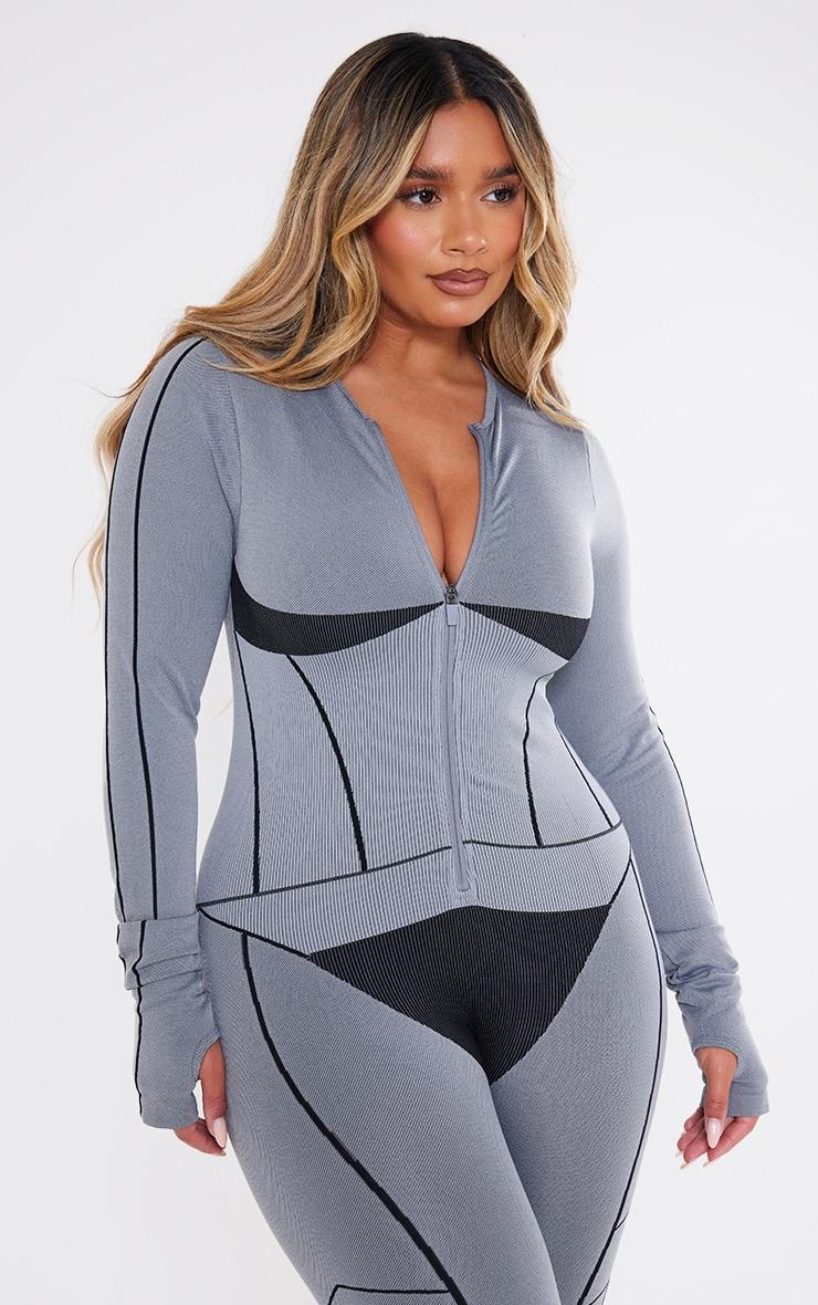 Shape Light Grey Seamless Contrast Long Sleeve Zip Through Jumpsuit Product Image