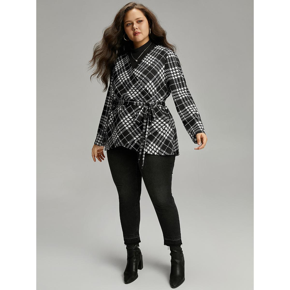 Plus Size Plaid Belted Asymmetrical Hem Coat Women Black Elegant Belted Ladies Dailywear Winter Coats BloomChic 18-20/2X Product Image
