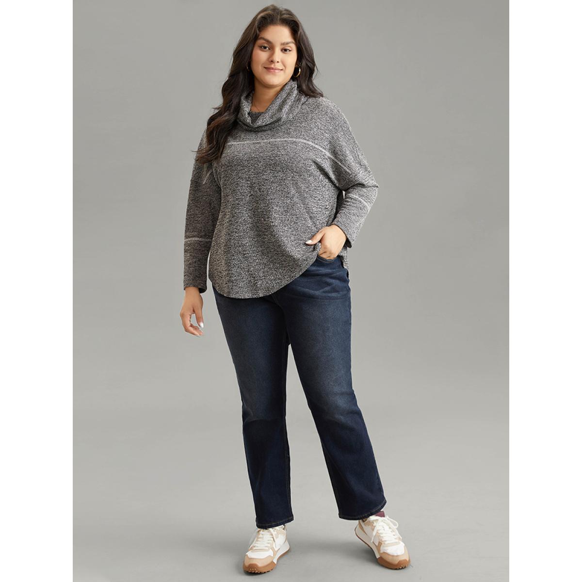 Plus Size Heather Patchwork Striped Funnel Neck Sweatshirt Women Black Casual Texture Turtleneck Dailywear Sweatshirts BloomChic 14-16/1X Product Image