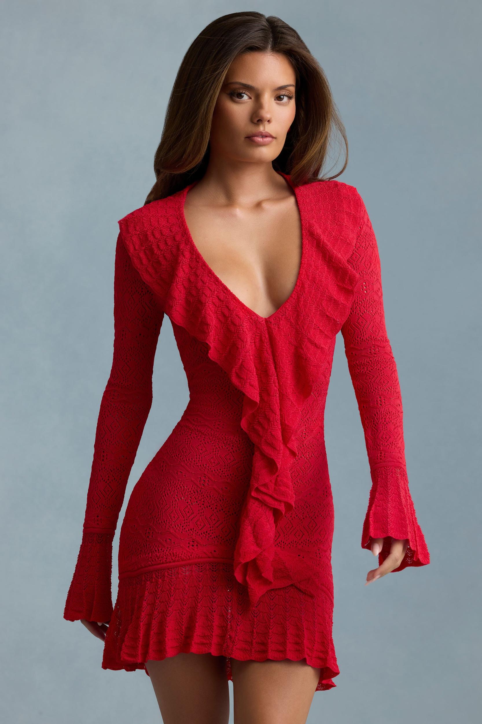 Ruffle-Trim Pointelle-Knit Mini Dress in Scarlet Red Product Image