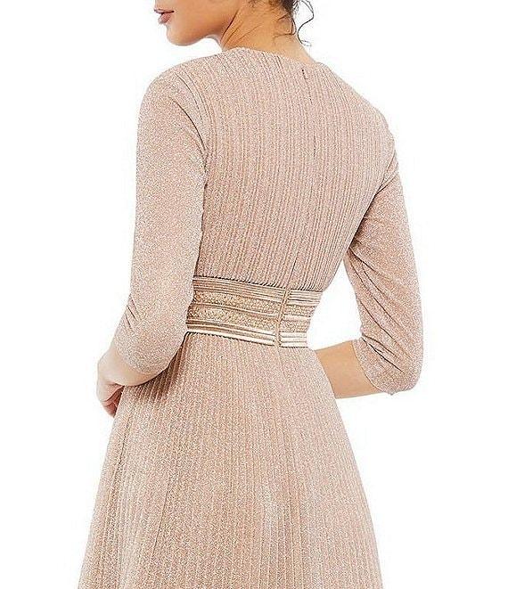Mac Duggal Crew Neck 3/4 Sleeve Pleated A-Line Midi Dress Product Image