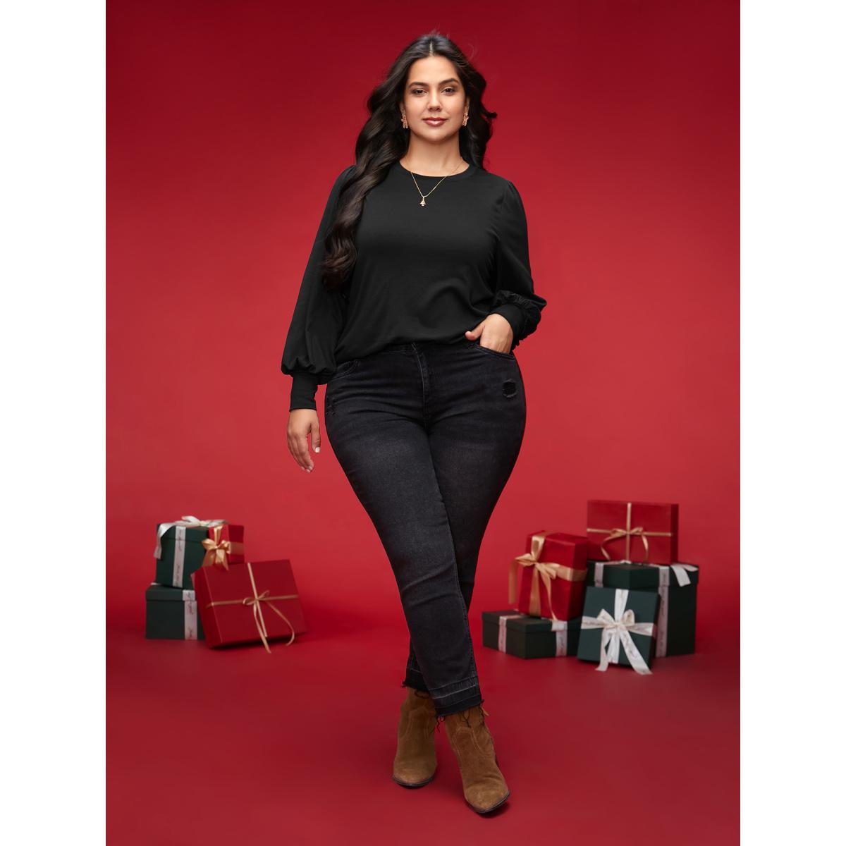 Plus Size Round Neck Balloon Sleeves A-line Tee Black Women Timeless Gathered Round Neck Elegant T-shirts BloomChic 12/L Product Image