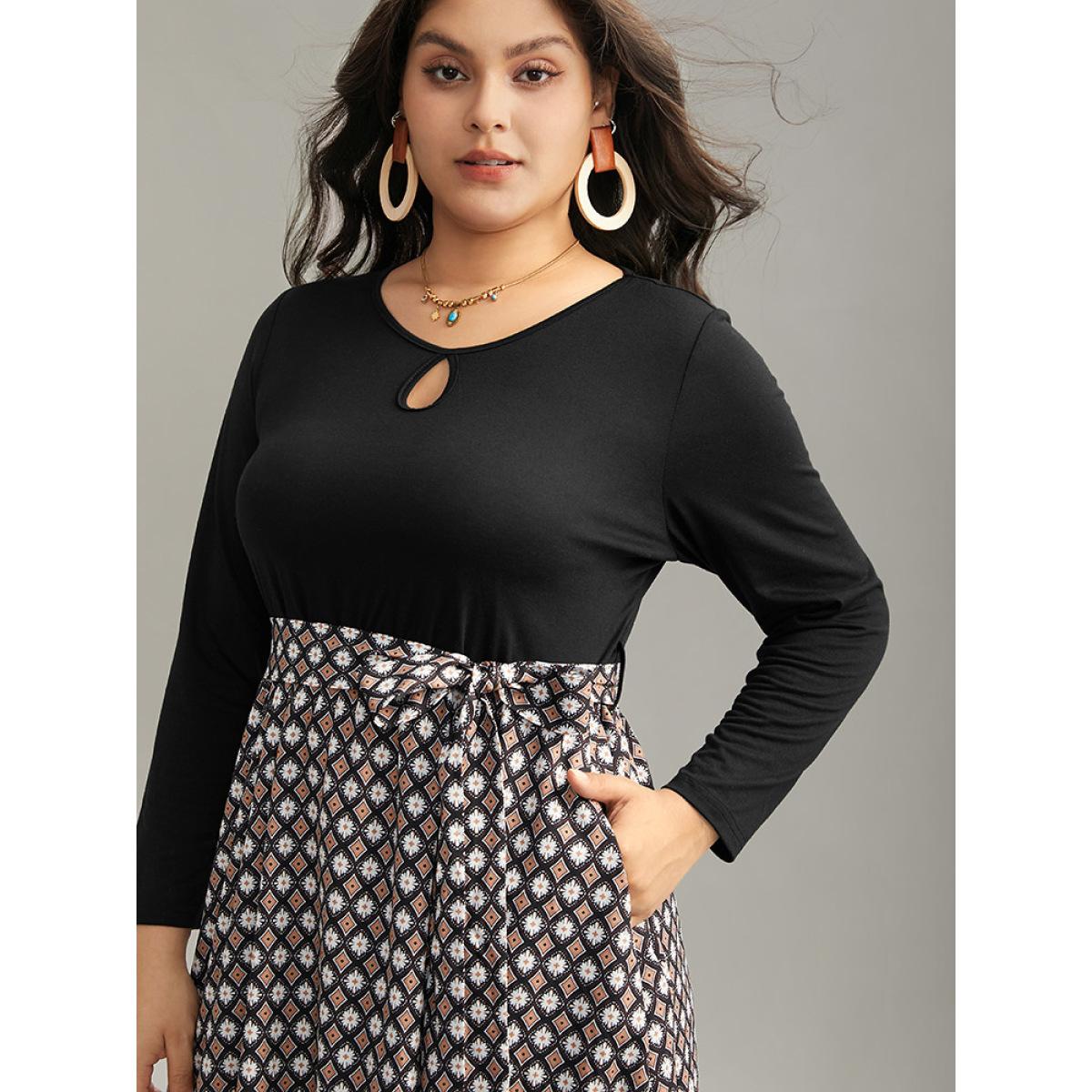 Plus Size Geometric Patchwork Cut Out Belted Dress Black Women Vacation Printed Round Neck Long Sleeve Curvy Midi Dress BloomChic 28/5X Product Image