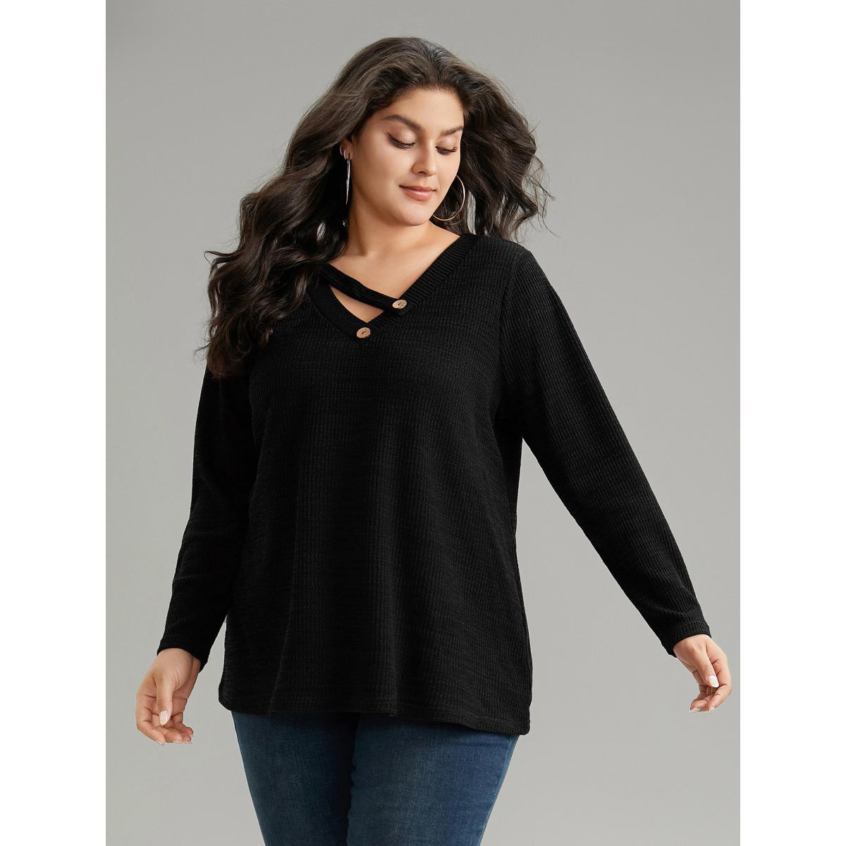 Plus Size Solid Rib Knit Button Detail T-shirt Black Women Leisure Non Plain V-neck Casual T-shirts BloomChic 10/M Product Image