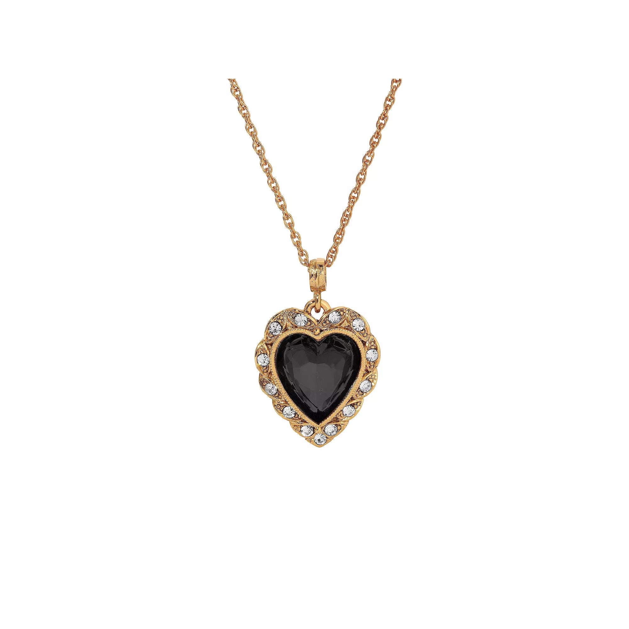 1928 Gold Tone Glass Heart Crystal Accent Necklace, Womens, Black Product Image