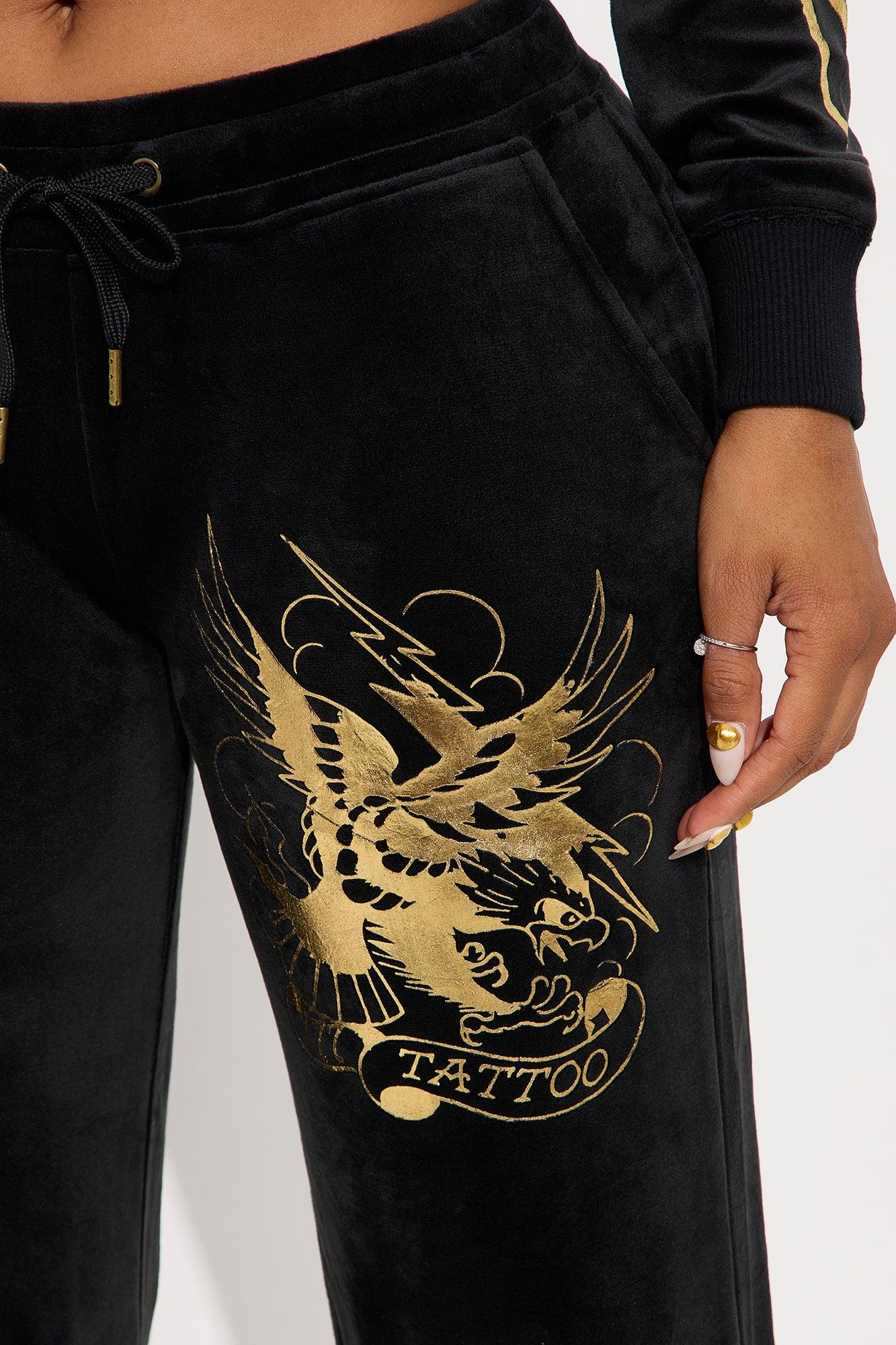 Ed Hardy Tattoo Gold Eagle Velour Pant Set - Black Female Product Image