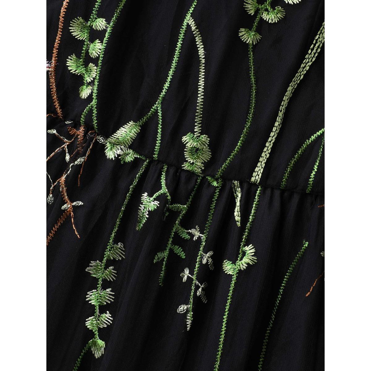 Plus Size Plant Embroidery Sheer Cinched-Waist Midi Dress Black Women Round Neck Short sleeve Curvy BloomChic 14-16/1X Product Image