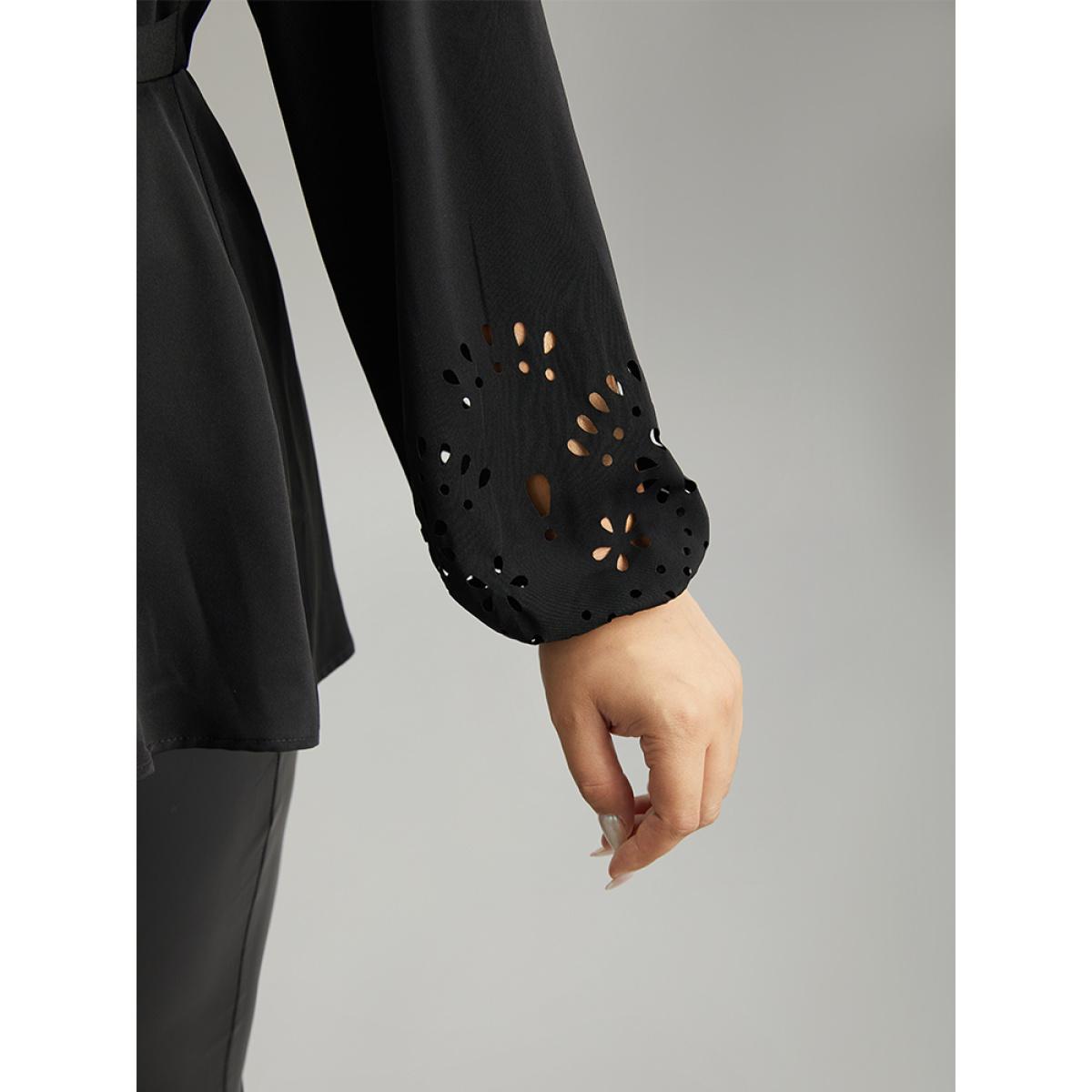 Plus Size Black Plain Elastic Waist Buckle Detail Wrap Blouse Women Office Long Sleeve V-neck Office Blouses BloomChic 14-16/1X Product Image