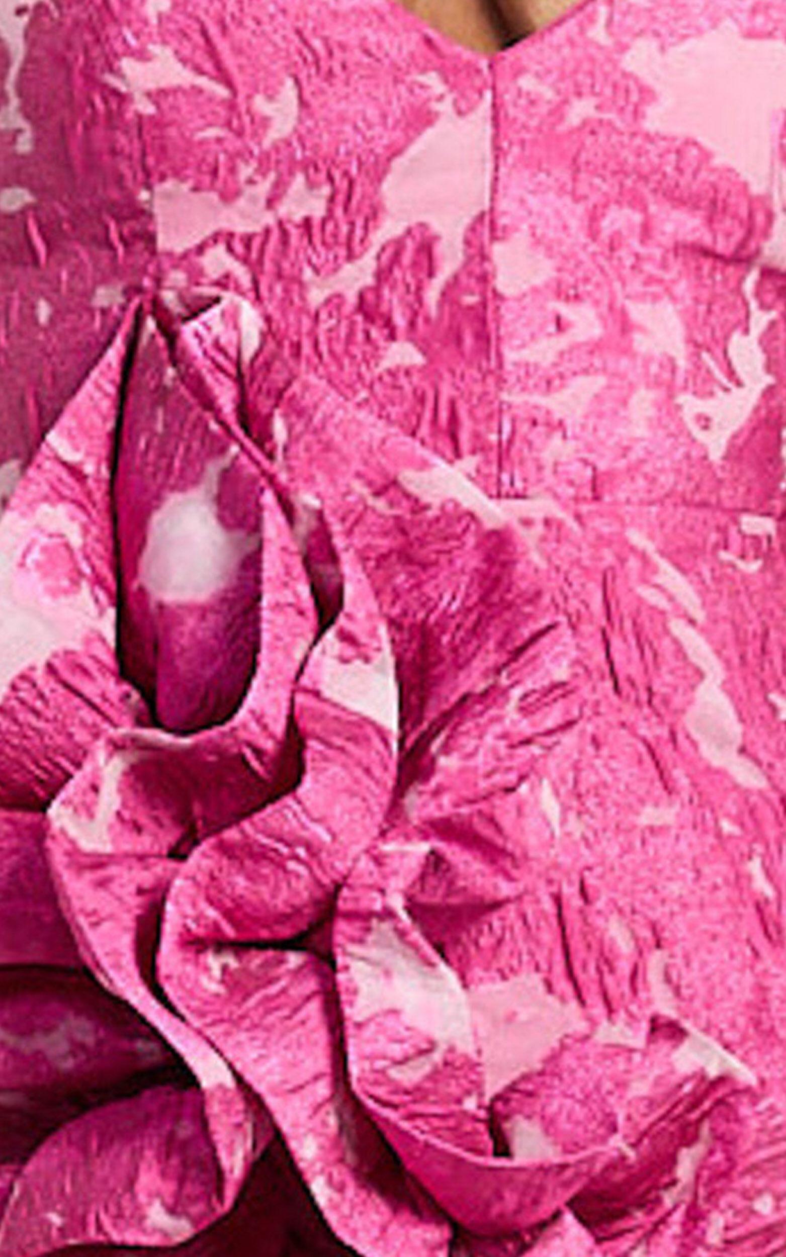 Arlette Mini Dress - Plunge Ruffle Detail Jacquard Dress in Pink Product Image