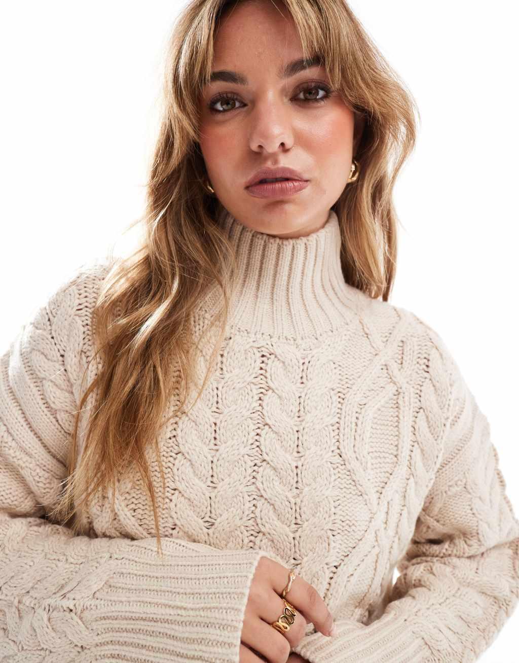 Brave Soul cable knit turtleneck sweater in stone Product Image