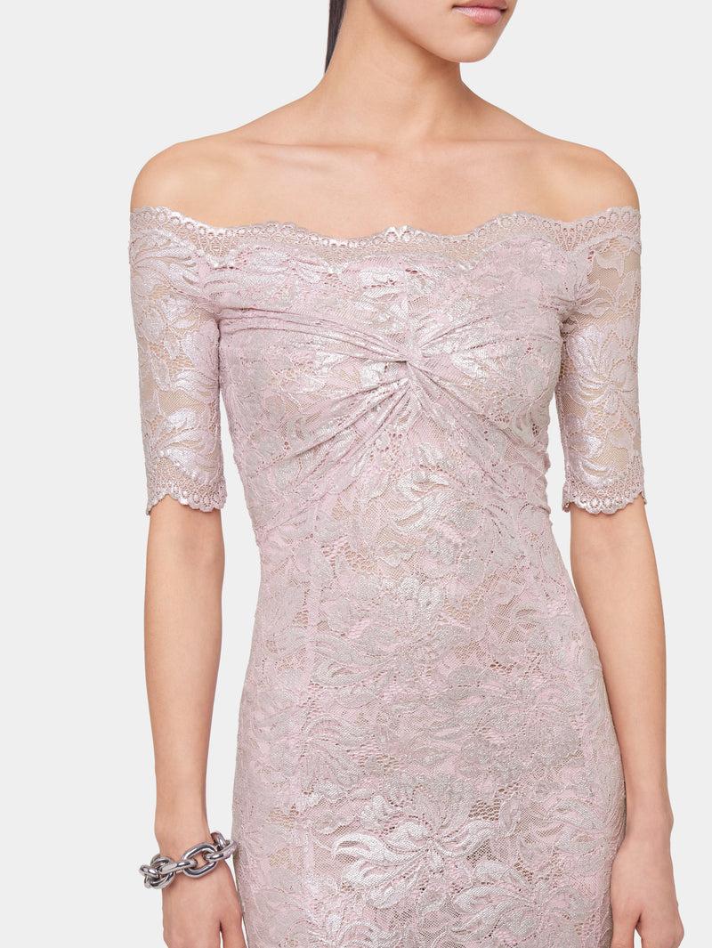 PINK LONG DRESS IN LACE WITH SILVER INDUCTION Product Image