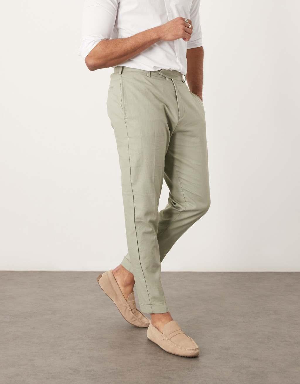 ASOS DESIGN smart tapered fit linen blend pants in sage green with turnups Product Image