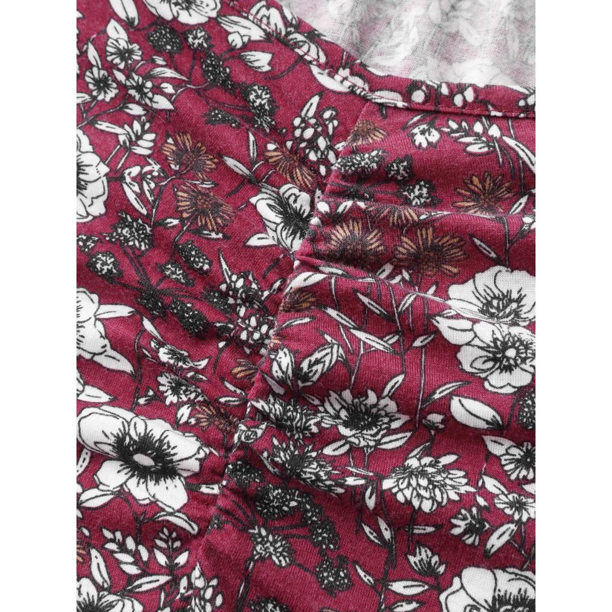 Plus Size Stretchy Ruched Bust Floral Midi Dress Burgundy Women Knit Dresses Bloomchic 10/M Product Image